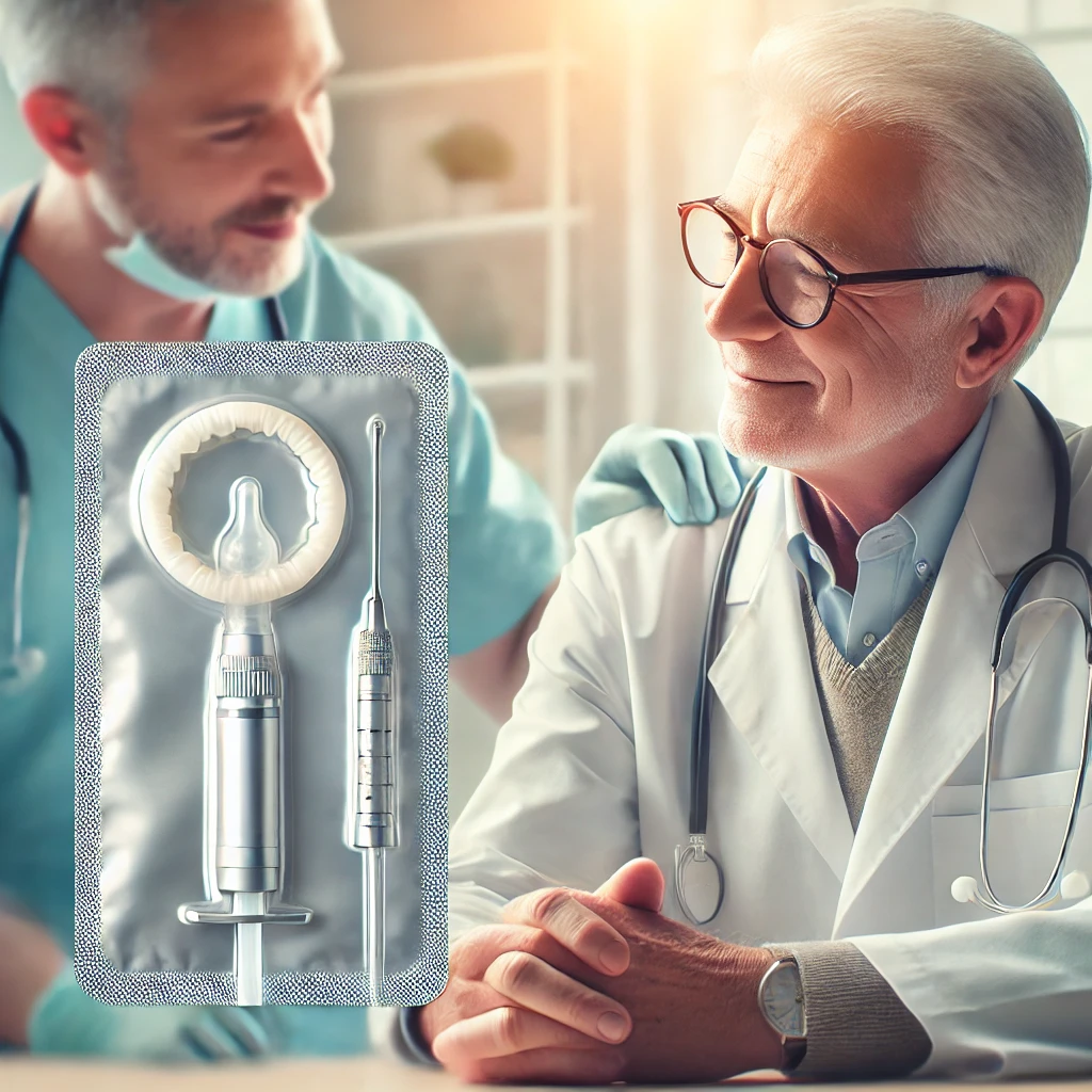 Condom catheter package with a close-up of a condom catheter, depicting a healthcare professional discussing it with an older man.