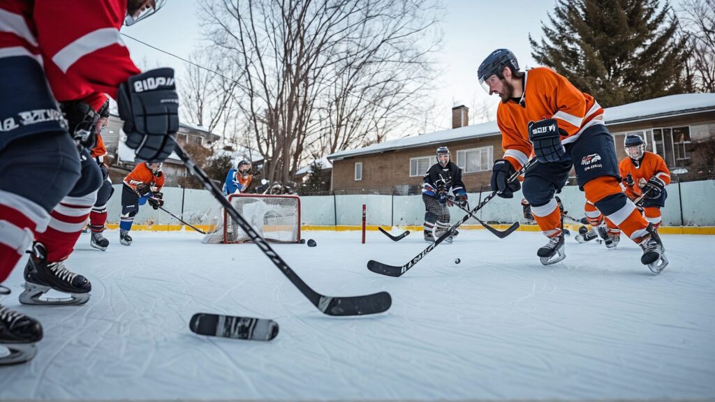 Kids playing hockey in a backyard rink, capturing the excitement and fun of backyard hockey with friends and family.